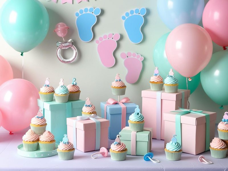 Babyparty mit Luftballons, Cupcakes und Geschenken