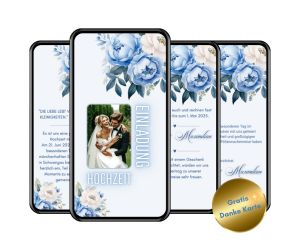 Digitale Hochzeitseinladung mit Foto des Brautpaars und blauen Rosen