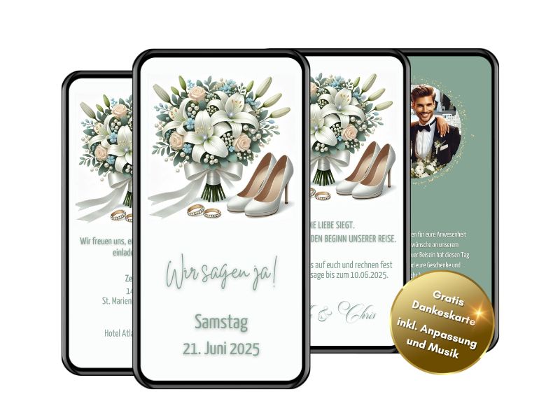 Moderne Hochzeitseinladung mit Brautstrauß und Musik auf dem Handy